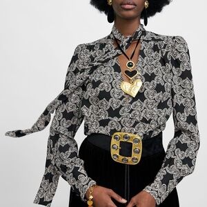 Zara Women’s Black Medium Top With Tie And Hearts